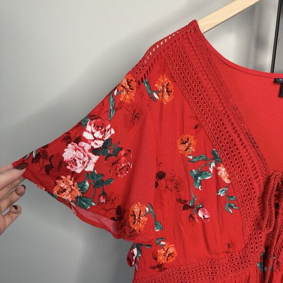 TORRID Red Floral Crochet Skater Dress Boho Front Tassel Tie Size 4X - Picture 4 of 8